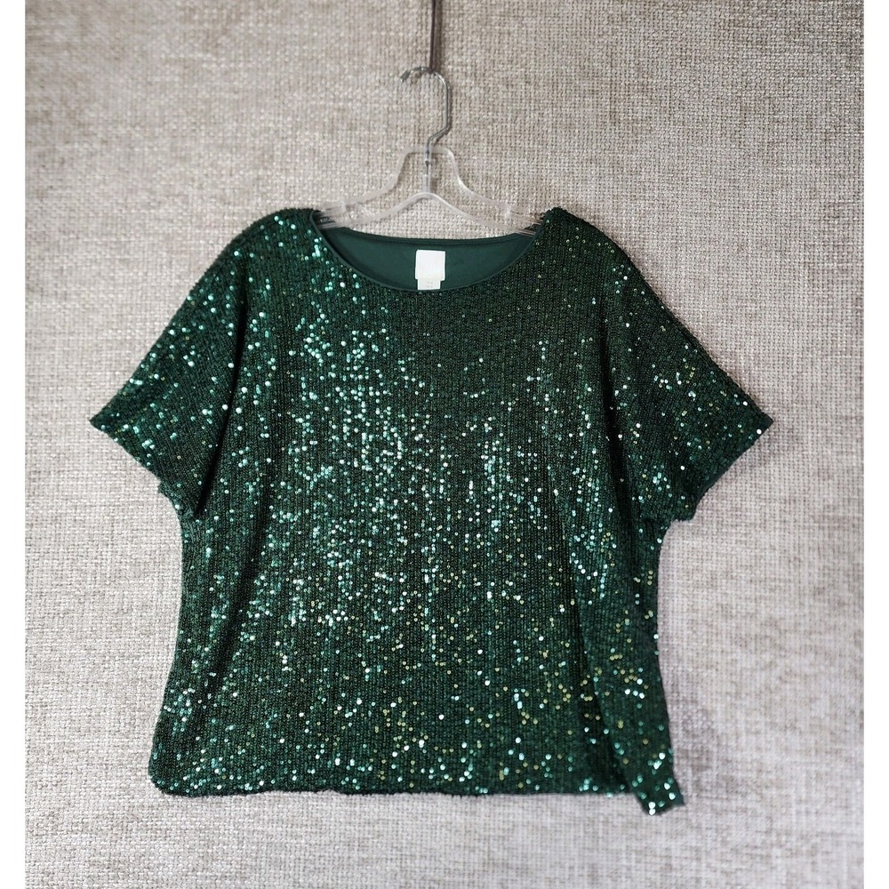H&M Green Sequin Short Sleeve Shirt Top Womens M Holiday Party Evening Wear EUC